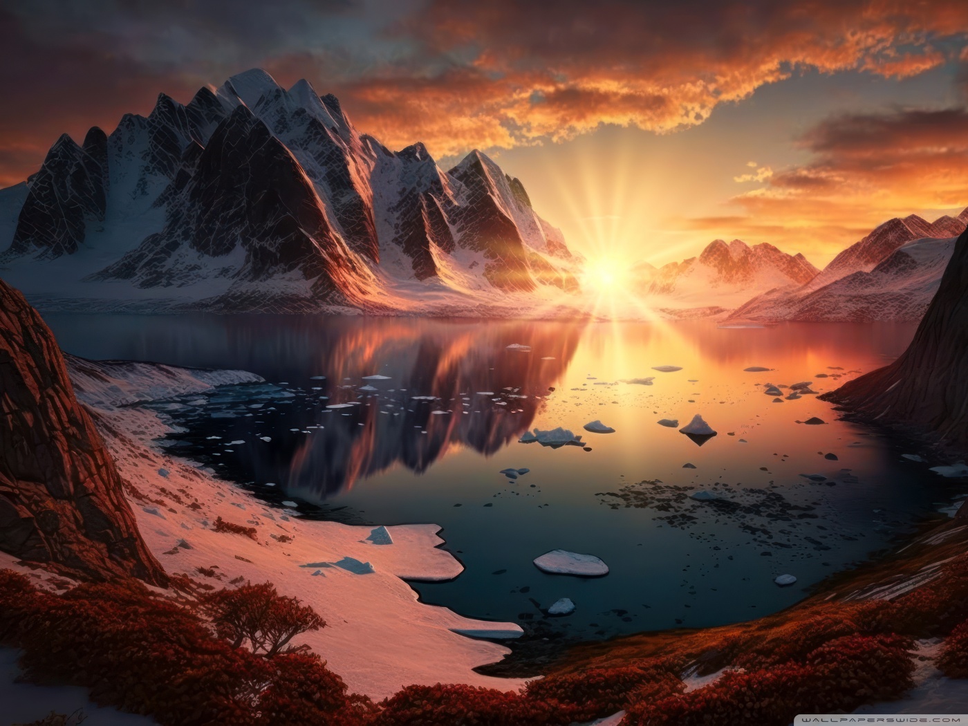 mountain lake sunset digital art-wallpaper-1400x1050
